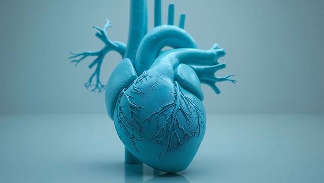 Cyan 3d human heart model displaying coronary vessels on reflective surface