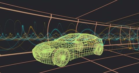 Futuristic Wireframe Car in Neon Grid Tunnel with Waveforms