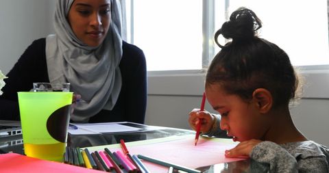 Mother in Hijab Watching Daughter Drawing at Home