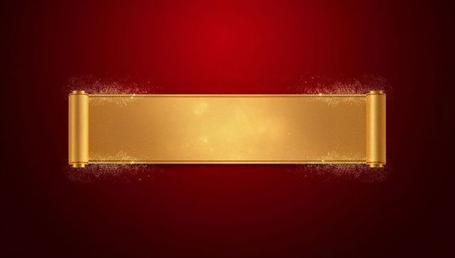Golden scroll banner on red background with glittering rolled ends for festive designs