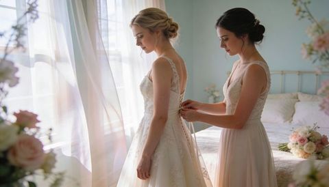 Bridesmaid fastening lace wedding gown on bride by sunlit window in pastel bedroom