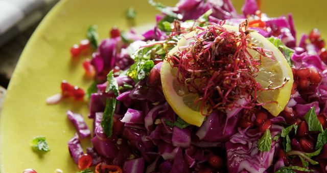 This vibrant purple cabbage slaw with lemon slices and pomegranate seeds makes an appealing healthy option for menus, recipe blogs, and nutrition articles. The mix of colors and fresh ingredients highlights healthy eating and vegan diet promotion.