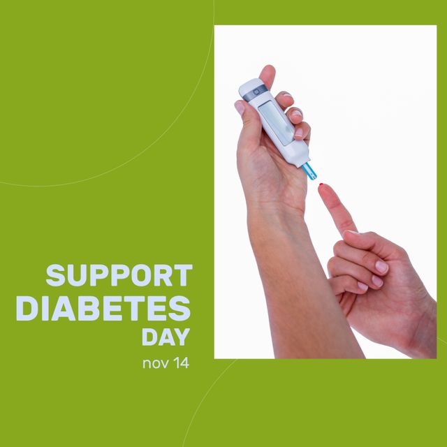 Support diabetes day and nov 14 text and cropped hands of caucasian woman checking sugar, copy space. Glucometer, blood, composite, sugar, disease, healthcare, campaign, awareness and prevention.