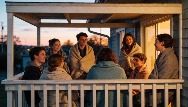 Friends wrapped in blankets sharing sunset conversation on cozy covered porch at dusk