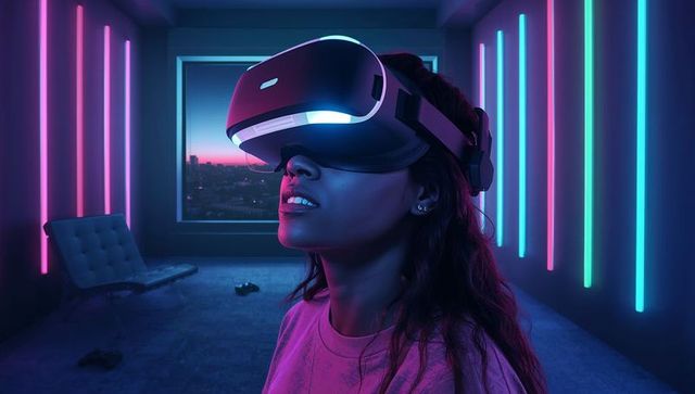Young woman wearing vr headset in neon-lit studio exploring virtual city skyline at dusk