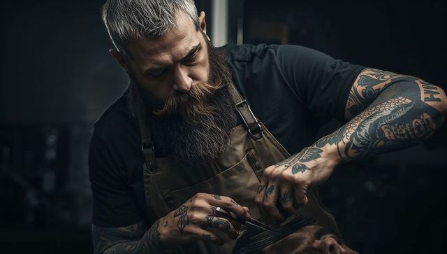 Bearded tattooed barber trimming client hair in moody low-key industrial barbershop