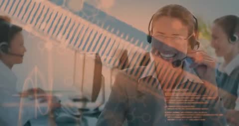 Customer Service Representatives Smiling with Digital Data Overlay