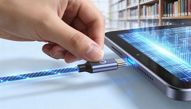 Hand plugging glowing braided usb-c cable into tablet charging port with holographic data
