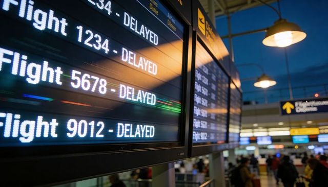 Electronic departure board showing multiple delayed flights in busy airport terminal