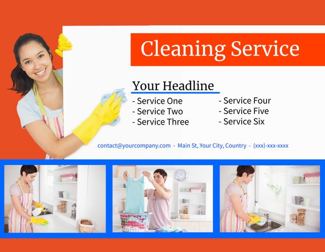 Professional Cleaning Service Template with Smiling Employee and List of Services - Download Free Stock Templates Pikwizard.com