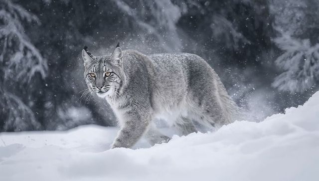 Eurasian Lynx Stalking Through Snowy Taiga with Paw Prints and Falling Snowflakes