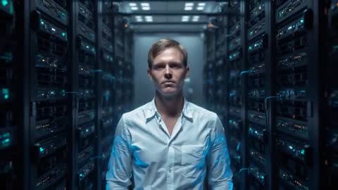 Confident Technician Inside a Cutting-Edge Data Center
