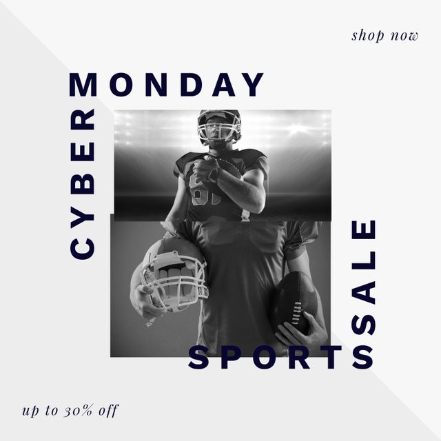 This promotional banner showcases a Cyber Monday sale focused on sports merchandise, featuring American football players. Ideal for use in online advertisements, social media posts, and e-commerce websites to attract customers looking for sports gear and discounts during holiday sales.