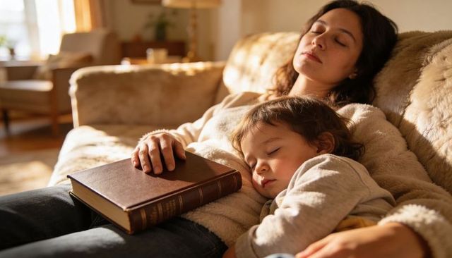 Mother and toddler napping on sunlit sofa with brown hardcover book, cozy family moment