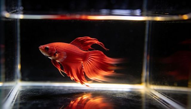 Scarlet betta fish swimming with flowing fins and mirror reflection in glass tank studio-lit
