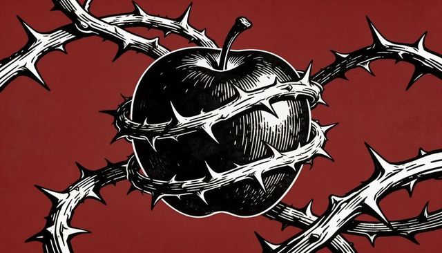 Black apple entwined with thorn vines linocut woodcut illustration high-contrast red