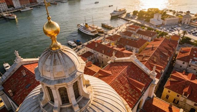 Sunlit baroque dome overlooking red tile rooftops and busy harbor at golden hour