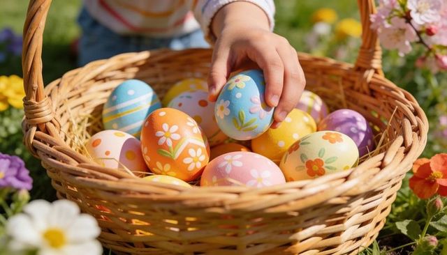 Child picking colorful hand-painted easter eggs from wicker basket in spring garden