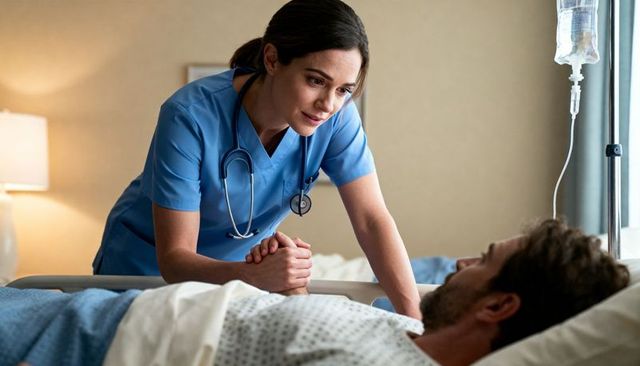 Nurse holding patient hand at bedside showing compassion and comfort during hospital recovery