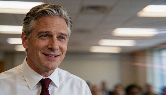 Confident middle-aged businessman smiling and presenting in bright corporate boardroom