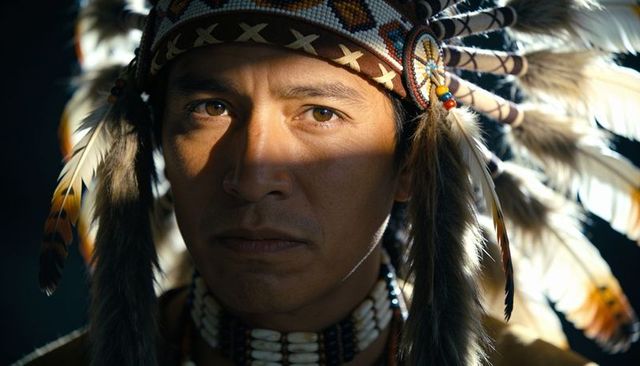 Gazing native american man wearing beaded war bonnet and feathered headdress, studio portrait