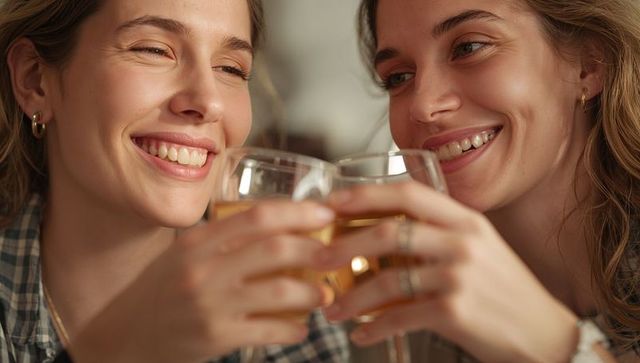 Close-up two women clinking stemless wine glasses smiling and celebrating in warm kitchen
