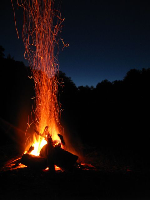 Glowing Bonfire with Flying Sparks in Dark Nighttime Forest - Download Free Stock Photos Pikwizard.com