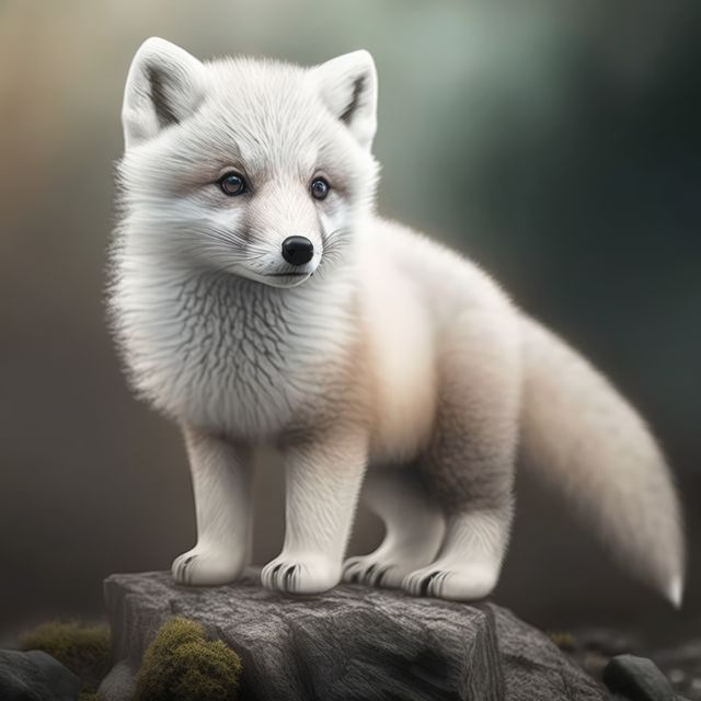 Adorable arctic fox with white fur standing on rock amidst misty forest. Perfect for wildlife blogs, educational content on Arctic animals, children's books, or nature-themed websites.