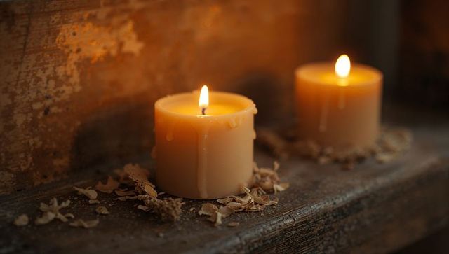 Glowing ivory pillar candles on rustic wooden ledge with dripping wax and wood shavings