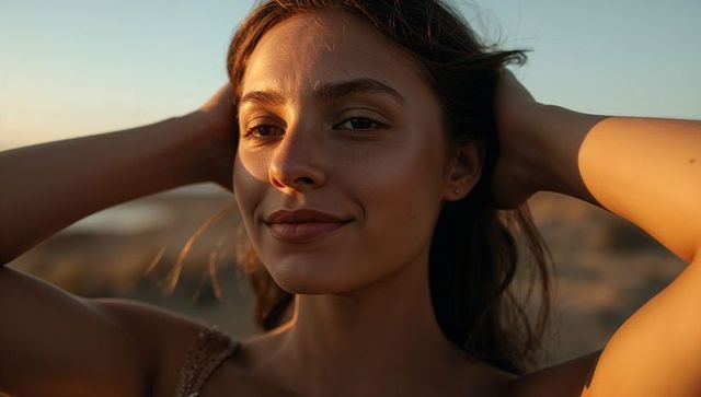 Sunlit woman posing with hands behind head on sand dunes, golden hour fashion portrait