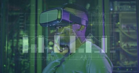 IT Professional Wearing VR Headset Analyzing Data Visualizations in Server Room