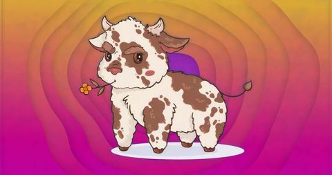 Whimsical Spotted Cartoon Calf in Colorful Abstract Background