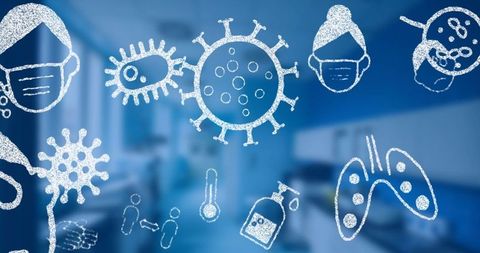 Illustration of COVID-19 Elements on Blue Laboratory Backdrop