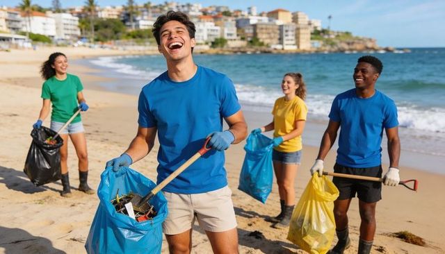 Smiling volunteers cleaning beach with rakes collecting litter into color-coded bags