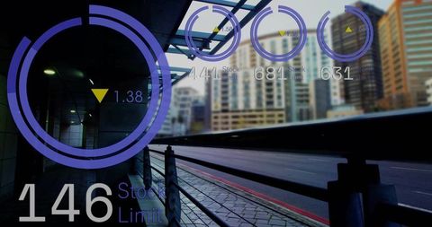 Urban hud overlay displaying large purple gauge and stock limit data on city walkway