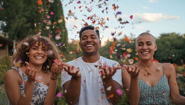 Throwing colorful petals in garden celebrating friendship, joy and outdoor summer fun