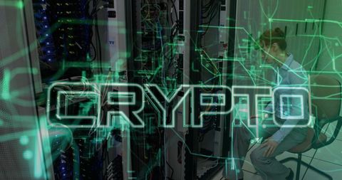 Technician Inspecting Servers with Crypto Hologram Overlay in Secure Data Center Rack