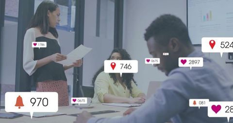 Team collaborating around conference table with social media metrics and analytics overlays