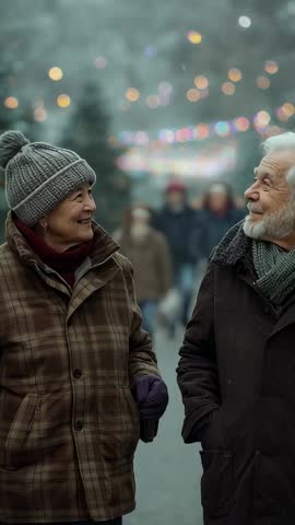 Senior couple strolling through festive winter market under soft bokeh lights