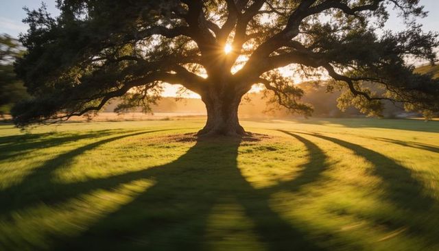 Sunburst through majestic oak casting radial shadows across golden meadow at sunset