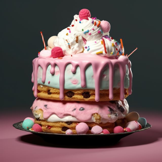 Ice cream cake with pink icing, cream and sweets on top, created using generative ai technology. Cake, celebration, treat, sweet food and deserts concept digitally generated image.