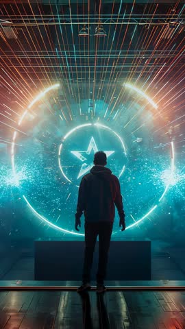 Man stepping onto platform activating neon portal with glowing star particles in futuristic lab