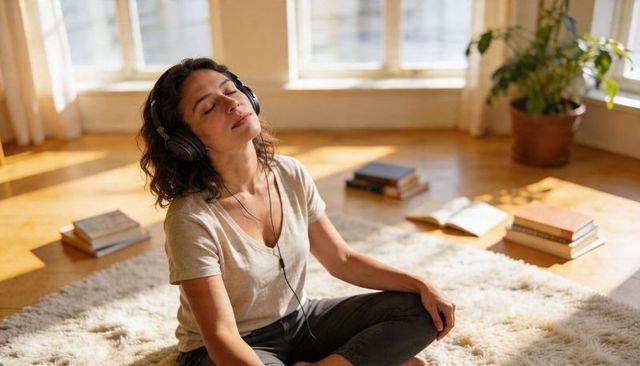 Woman listening to headphones meditating on fluffy rug in sunlit minimalist room