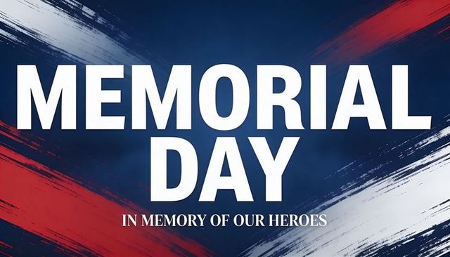 Memorial day tribute banner with bold white text and red white blue brushstroke