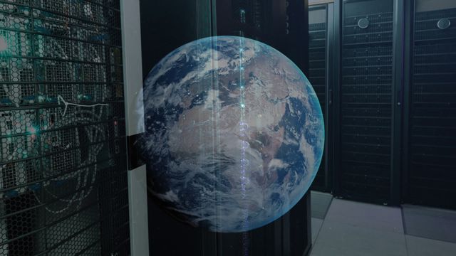 Holographic globe superimposed over a data server room symbolizes global connectivity and advanced networking technology. Ideal for illustrating concepts related to global business, cutting-edge technology, or advancements in data storage solutions. Useful for presentations or marketing materials in the IT sector, emphasizing innovation and worldwide connectivity.