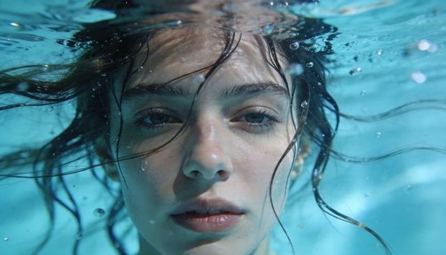 Floating woman gazing through turquoise waterline, close-up underwater portrait, serene
