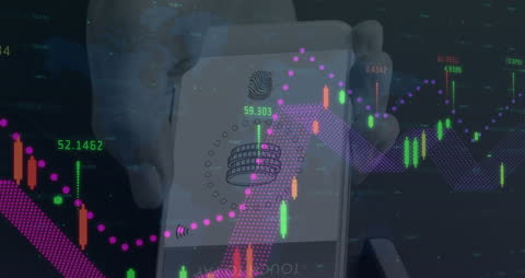Hand Holding Smartphone with Stock Market Data Animation Overlay