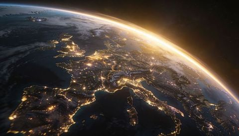 Europe rotating into sunrise with city lights and alpine glow seen from low earth orbit