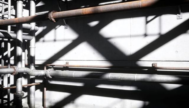 Industrial pipes casting dramatic x-shaped shadows on concrete wall with rusted flanges