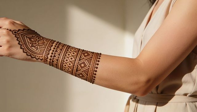 Intricate henna forearm design with geometric mandala bands on woman in neutral sleeveless dress